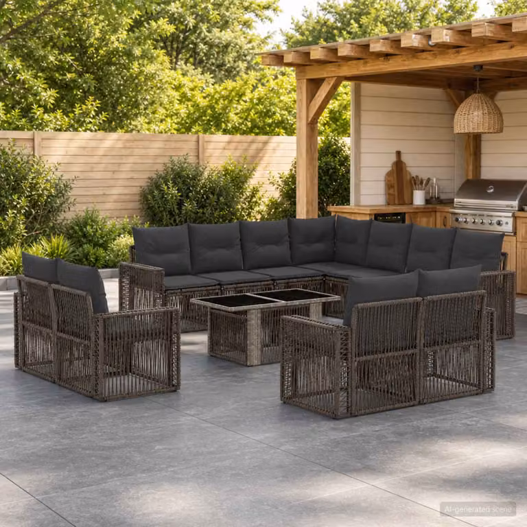 Set Divano da Giardino vidaXL 12 pz a Forma a L con Tavolino, Colore Grigio e Antracite, in Polyrattan con Cuscini Imbottiti e Rivestimenti Rimovibili