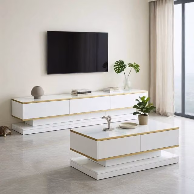 Cassettiera per TV bianca lucida in truciolare lunga 200 cm