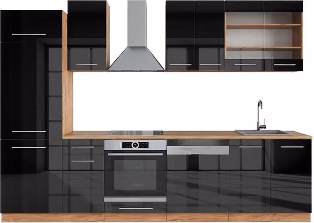 Cucina componibile moderna Vicco Fame-Line colore Antracite lucido e Rovere dorato L: 300 cm senza piano di lavoro