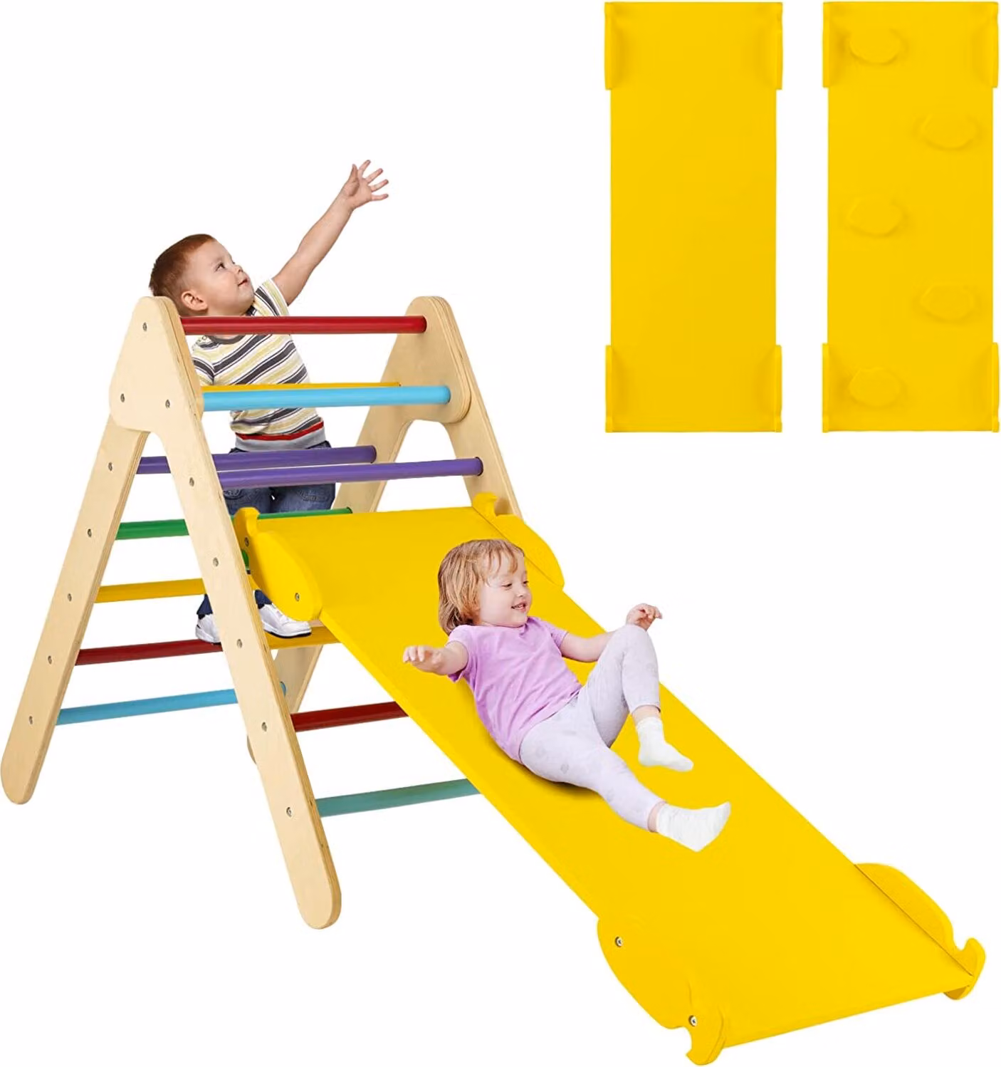 Triangolo di arrampicata COSTWAY con rampa, struttura di arrampicata in legno, triangolo a pioli per arrampicarsi e scivolare, per bambini a partire da 1 anno di età