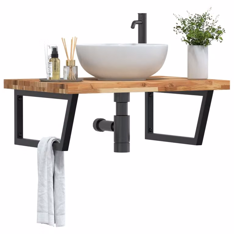 vidaXL Ripiano a Parete per Lavabo Moderno in Acciaio e Legno di Acacia Oliato, Nero e Marrone