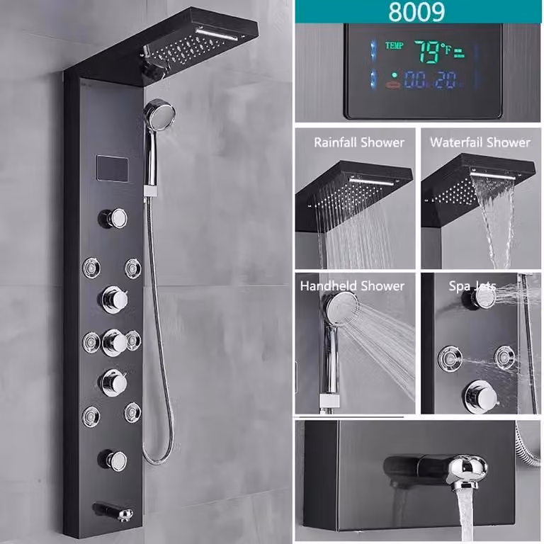 Pannello doccia Regendusche 8009 - Colonna doccia LED con scarico per vasca - Ugelli massaggio corpo tipo SPA - Display digitale della temperatura - Miscelatore per acqua calda e fredda - Acciaio inossidabile 304 spazzolato - Nero