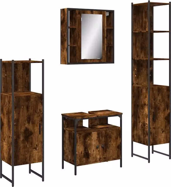 Set Mobili da Bagno | Armadio da bagno 4 pz Rovere Fumo in Legno Multistrato