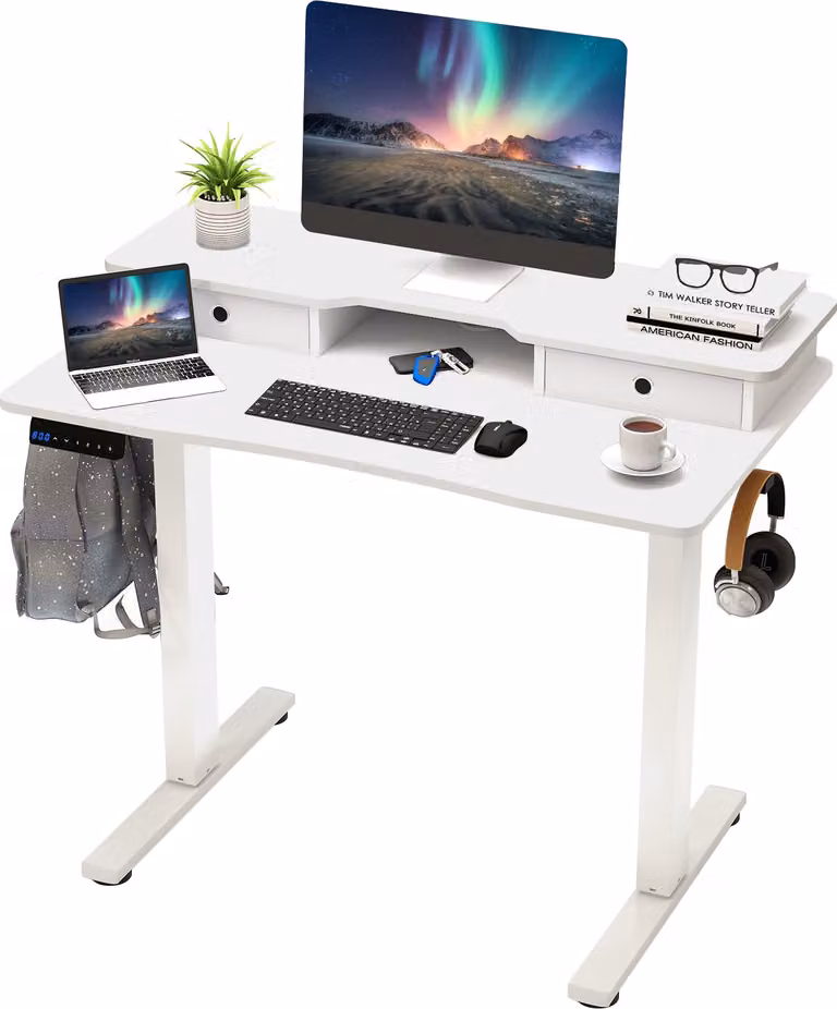 COSTWAY scrivania regolabile in altezza, scrivania elettrica per computer 100x60cm con supporto per monitor, cassetti, ripiani e 2 ganci, bianco