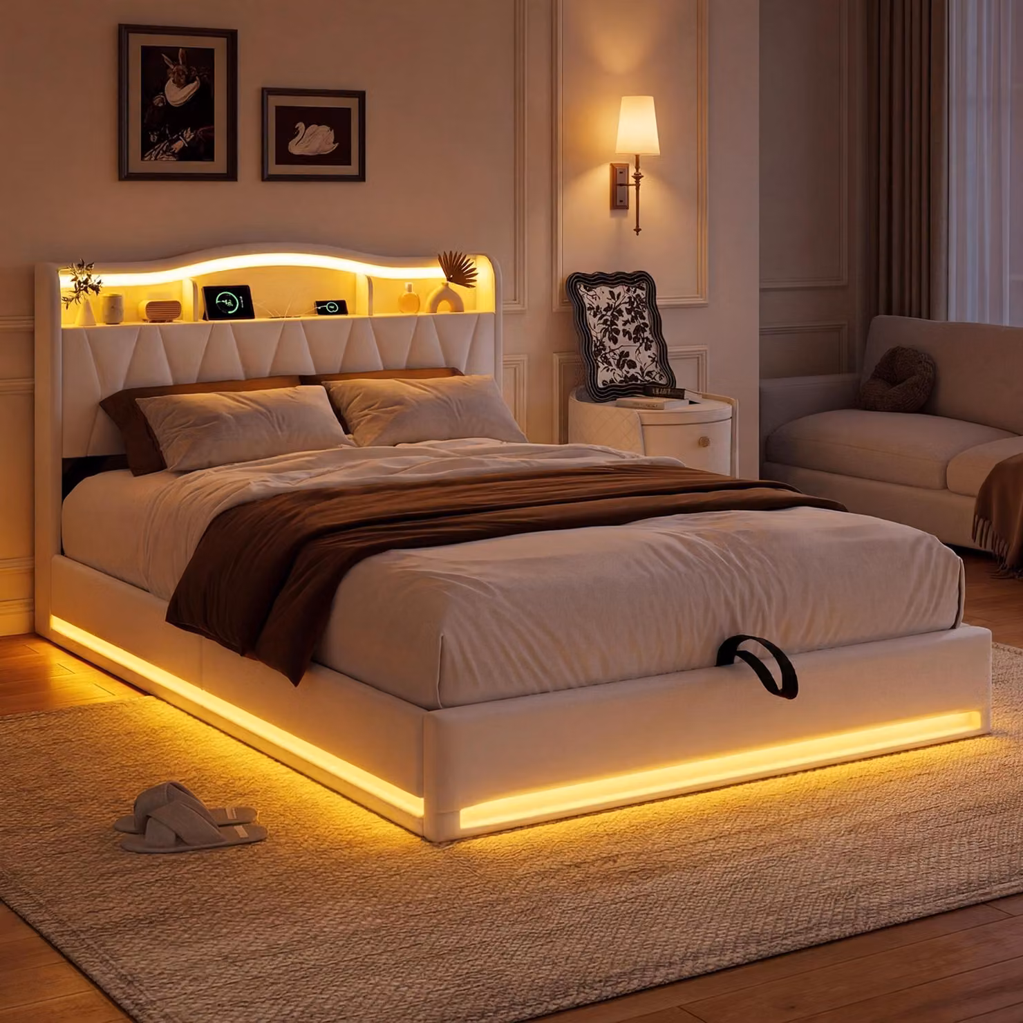 Letto imbottito ProximaX 160x200 cm in beige, tessuto in velluto, letto a scomparsa con testiera con vano portaoggetti, illuminazione a LED RGB, stazione di ricarica USB, vano portaoggetti idraulico, rete a doghe