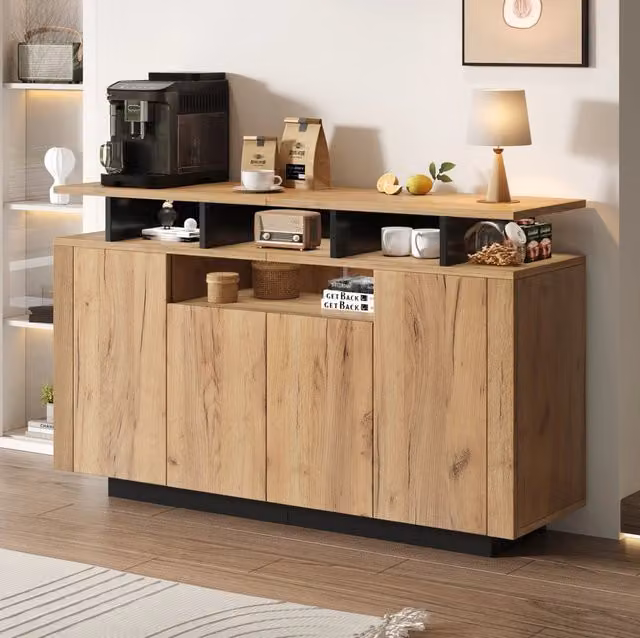 Credenza moderna con 4 ante e 3 vani a giorno 140x40x85 cm in truciolare naturale