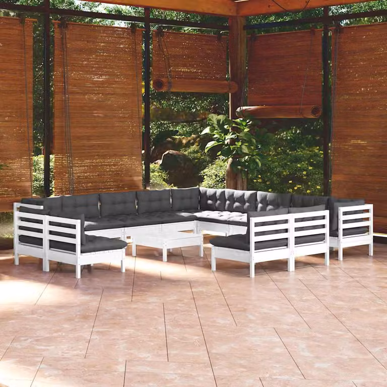 Set di divani da giardino vidaXL 14 pezzi in legno di pino con cuscini bianchi e grigi a forma di U