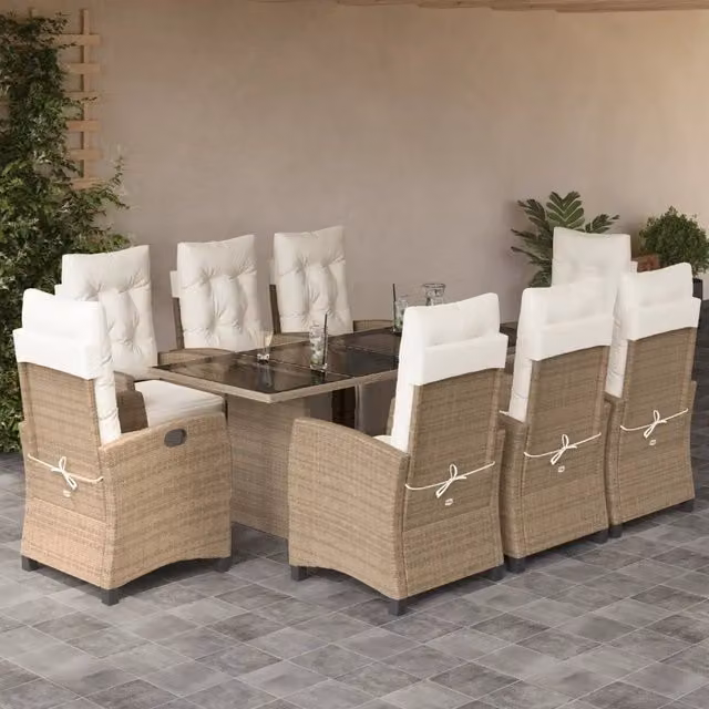 Set da pranzo da giardino vidaXL in polyrattan con cuscini beige e piano in vetro, 9 pezzi – 1