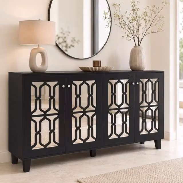 Credenza nera con superficie a specchio; 4 ante; 160 x 40 x 84 cm; MDF