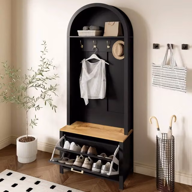 Mobile da ingresso OKWISH con panca, ganci e scarpiera in MDF, Nero e Marrone, L: 75 cm, P: 35 cm, H: 195 cm