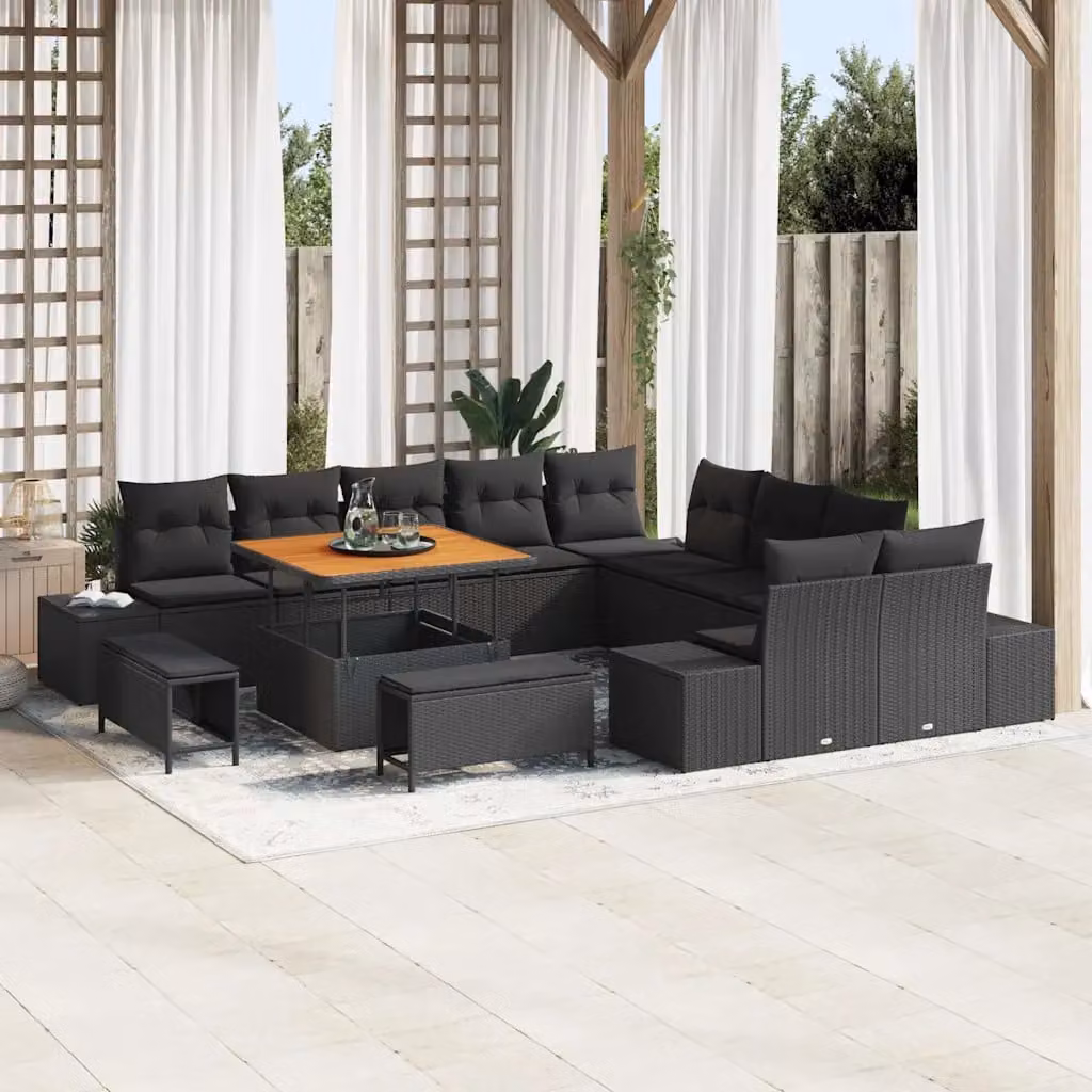 vidaXL Set Divano da Giardino Moderno a Forma di U con 13 Pezzi, Nero, con Cuscini e Tavolino da Esterno – 1