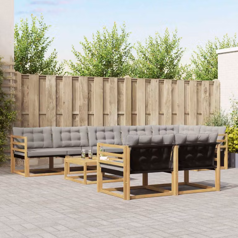 vidaXL Set di divani da esterno a forma di U composto da 9 pezzi in legno di acacia con tavolino e cuscini, Bianco e Grigio Chiaro