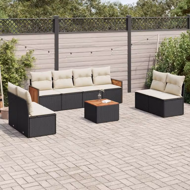 vidaXL Set Divani da Giardino 9 pz in Polyrattan con Cuscini Bianchi e Neri e Tavolino da Caffè