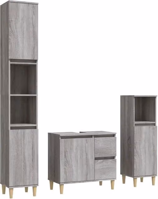 Set Mobili da Bagno Moderno in Legno Grigio con Mobile Lavabo e Colonna, L/P/H: 65 x 33 x 190 cm