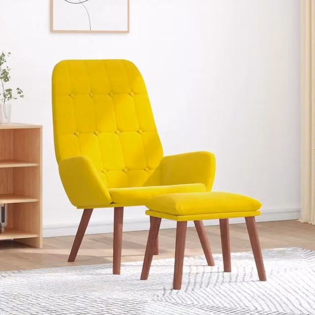 Poltrona Relax con Poggiapiedi in Velluto Giallo e Struttura in Legno e Metallo