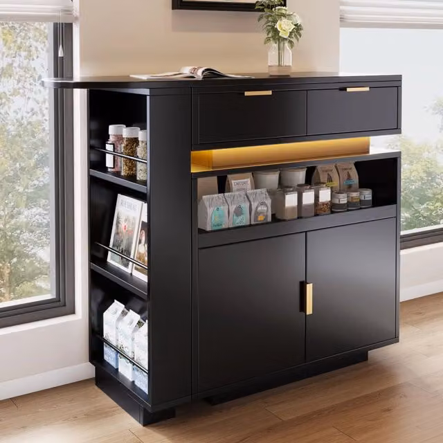 Mobile bar con piano girevole ed estensibile, ripiani regolabili e LED, per cucina e sala da pranzo, 115×40×99.5 cm