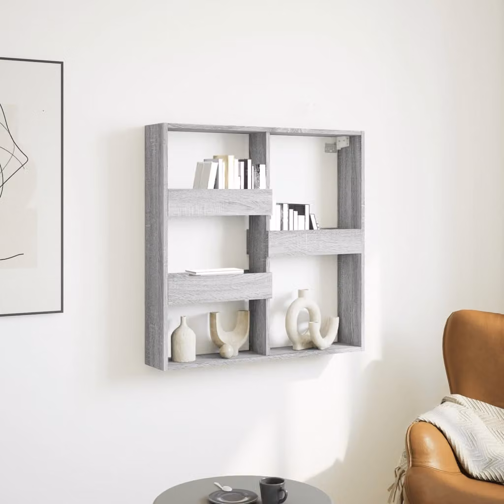 Armadietto a muro vidaXL moderno in legno grigio con ripiani interni e ante con scaffale aperto L 80 cm, P 15 cm, H 80 cm