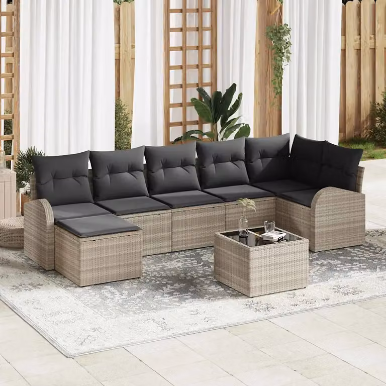Set Divano da Giardino vidaXL 8 pz Grigio con Cuscini e Tavolino in Rattan e Metallo