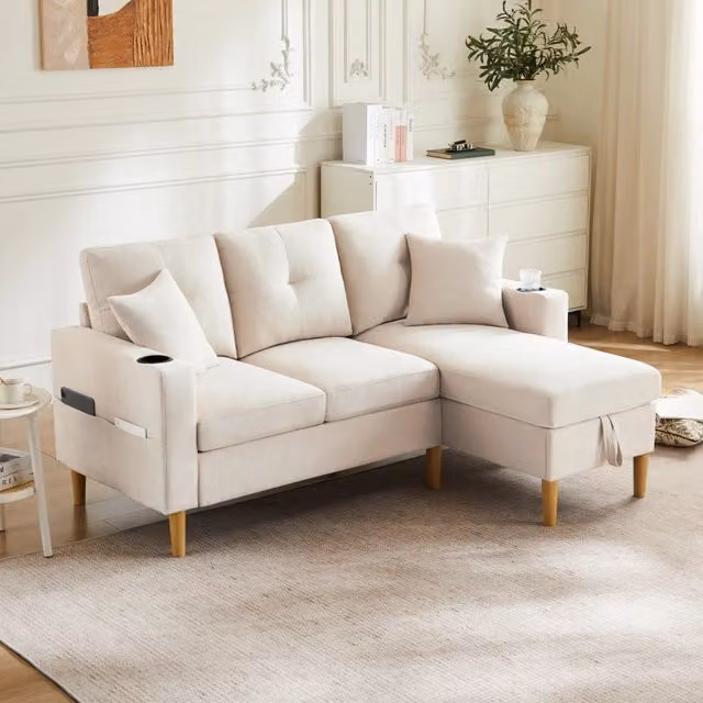 Divano angolare reversibile REDOM in cotone e lino beige con cuscini e portabicchieri L175 x P129 x H90 cm