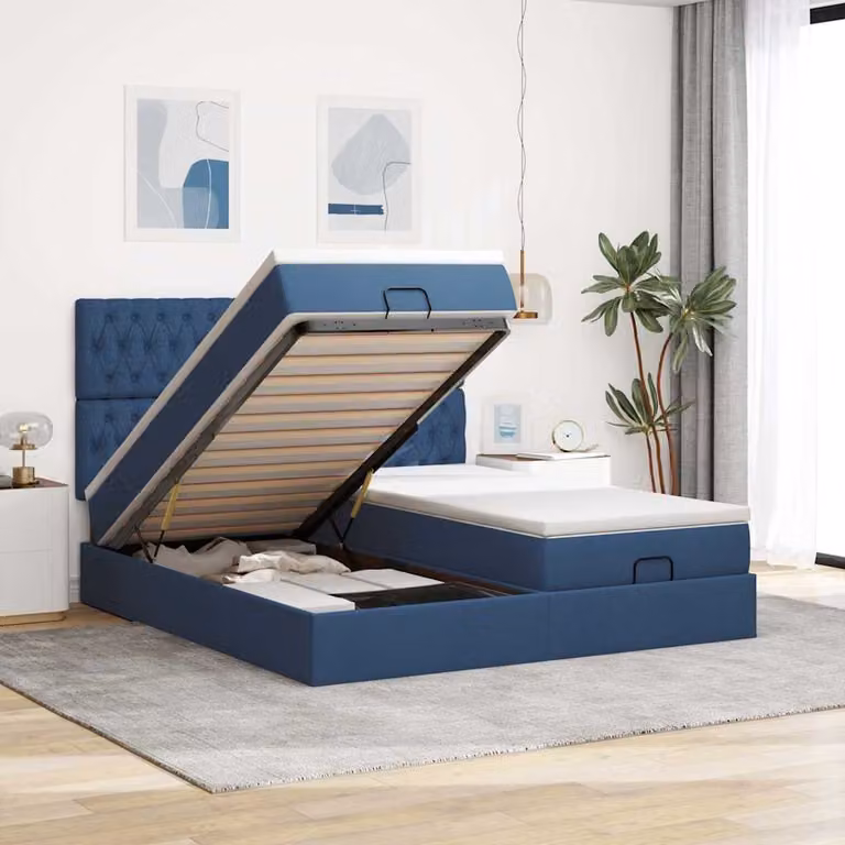 vidaXL Struttura Letto con Contenitore e Materasso in Tessuto Blu e Bianco L: 200 cm, P: 200 cm, H: 128 cm