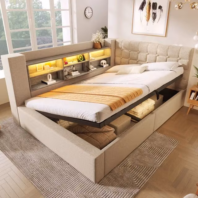 Letto 140x190 cm con contenitore idraulico, LED e prese USB, rivestimento in lino beige