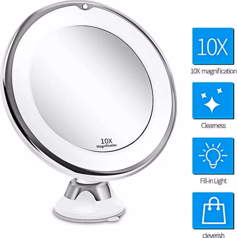 Specchio cosmetico a LED illuminato con ingrandimento 10x, ventosa potente, specchio per il trucco e la rasatura con illuminazione antiriflesso, orientabile a 360° per la casa e i viaggi, bianco, rotondo