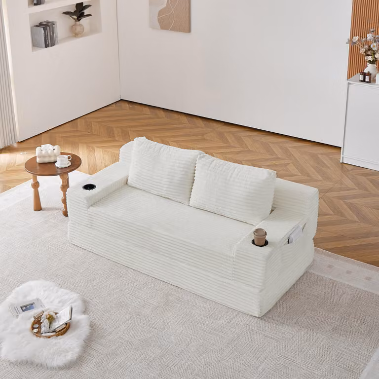 Divano-letto multifunzione 2-in-1, con 2 cuscini decorativi, portabicchieri integrati negli schienali e tasche laterali per riporre oggetti