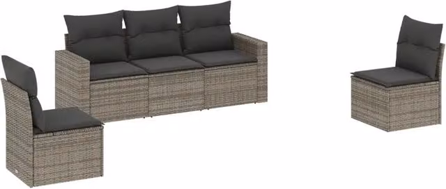 Set Divano da Giardino 5 pz | Set Salotto da Giardino con Cuscini Grigio in Polyrattan