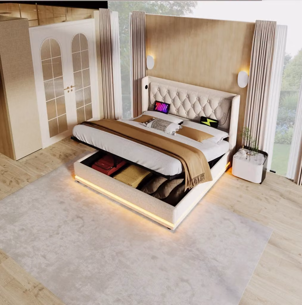 Letto matrimoniale MODFU imbottito beige con contenitore, illuminazione LED sottostante e porte USB/Type-C, L/P: 160 x 200 cm – 2