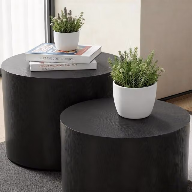 Set di 2 tavolini bassi rotondi impilabili OKWISH in MDF nero stile moderno per soggiorno