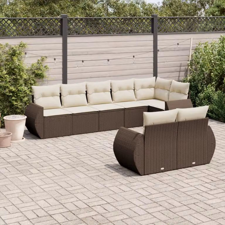 vidaXL Set di Divani da Giardino a L 8 pz in Polyrattan Marrone con Cuscini Bianchi