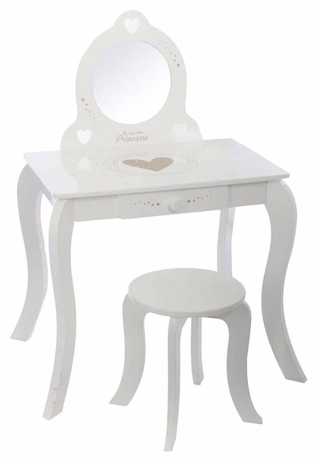 Comò da trucco con specchio e sgabello, 1 cassetto, bianco