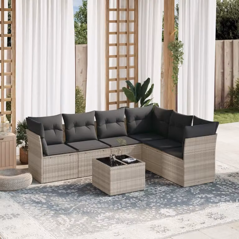 vidaXL Set Divani da Giardino 7pz a Forma di L in Polyrattan con Cuscini Grigio Chiaro e Tavolino da Esterno
