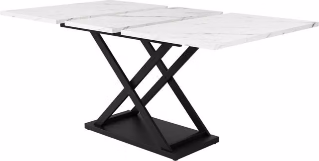 Tavolo da pranzo allungabile in MDF effetto marmo bianco 120-160x80 cm con gambe incrociate in ferro nero