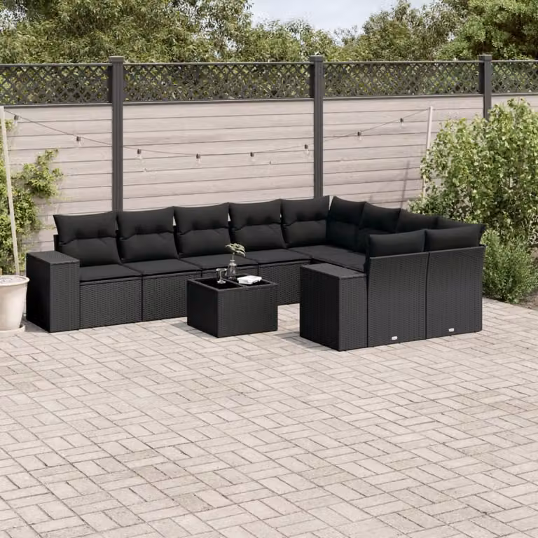 Set di divani da giardino vidaXL in 10 pezzi con polyrattan nero, sedute imbottite e tavolino da esterno