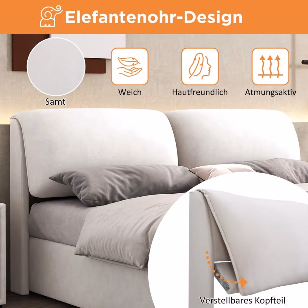 Letto contenitore REDOM con base a sollevamento idraulico e struttura imbottita in velluto beige L/P: 180 x 200 cm – 2