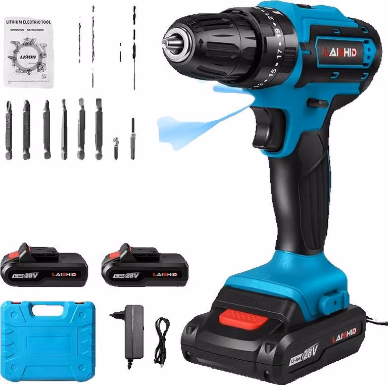 Trapano avvitatore a batteria, coppia 32 N.m, controllo a doppia velocità, 2 batterie