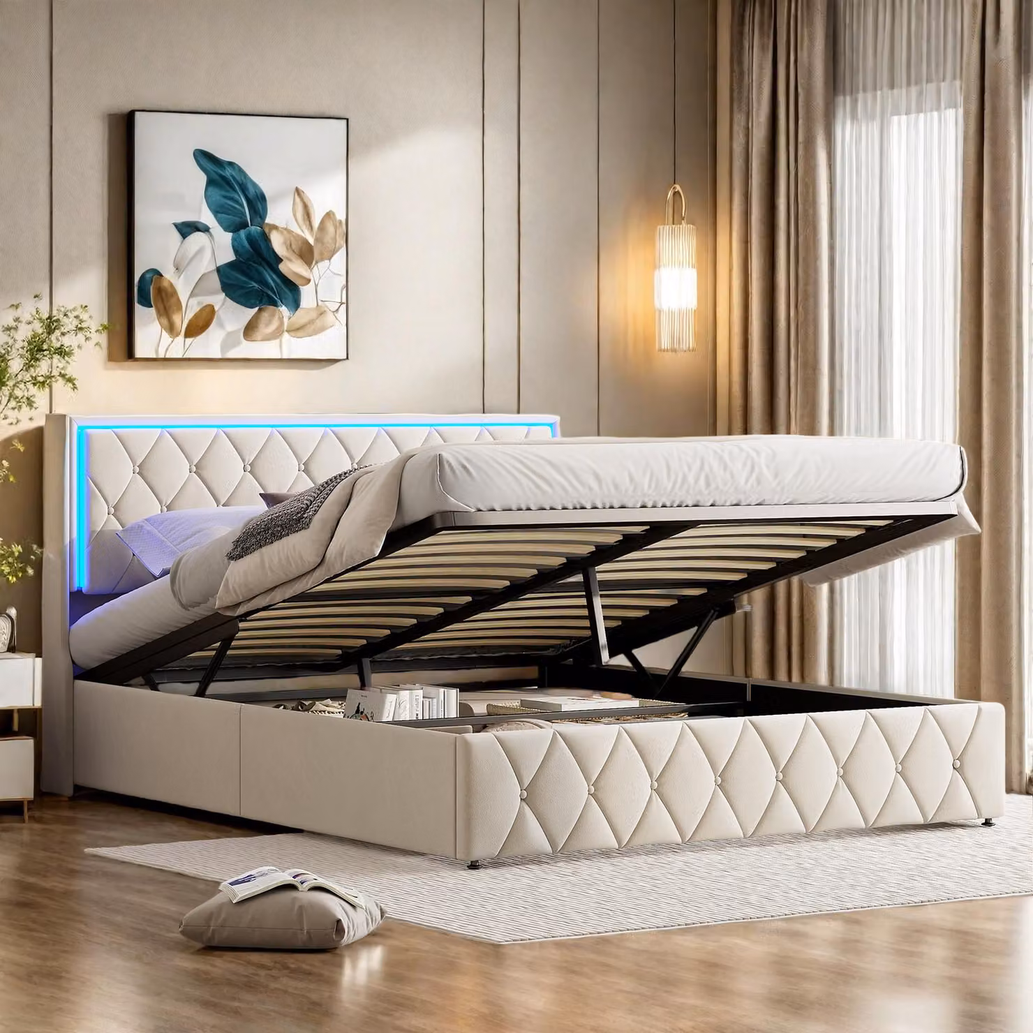 Letto imbottito ProximaX 160x200cm con funzione di ricarica (USB&Typ-c), letto giovanile letto matrimoniale letto contenitore con LED, letto a molle idrauliche, beige