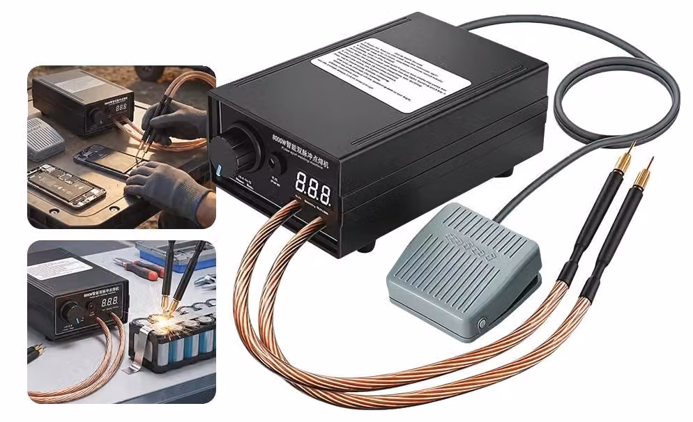 Saldatrice a punti, potenza 8000W, corrente massima 1200A, adatta per l'utilizzo con strisce di nichel da 0,1 a 0,3 mm, design compatto, robusto involucro in ABS
