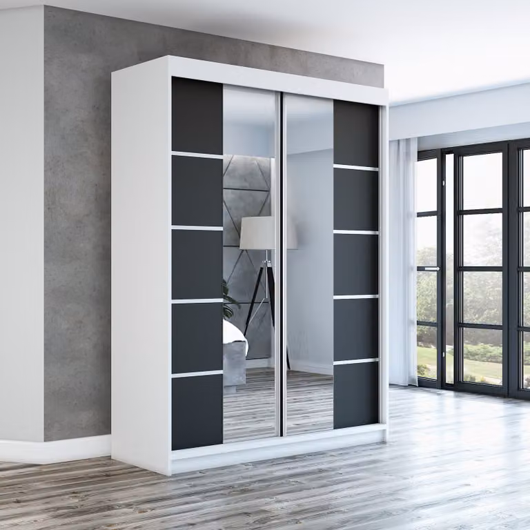 Armadio a porte scorrevoli, a 2 ante, modello ERA 160 cm (con specchio) (bianco / nero / nero)