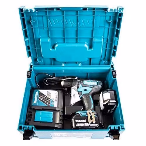Makita DHP482RTJ Trapano avvitatore a percussione 18V con 2 batterie Li-Ion da 5.0Ah, 62 Nm e mandrino autoserrante, colore Blu – 2