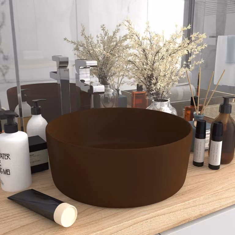 The Living Store Lussuoso lavabo rotondo opaco marrone scuro 40x15 cm in Vetroceramica