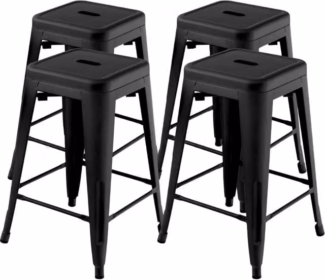 Set di 4 Sgabelli da bar senza schienale 61cm, Sgabelli in metallo impilabili con poggiapiedi per cucina Nero-Sgabelli da bar