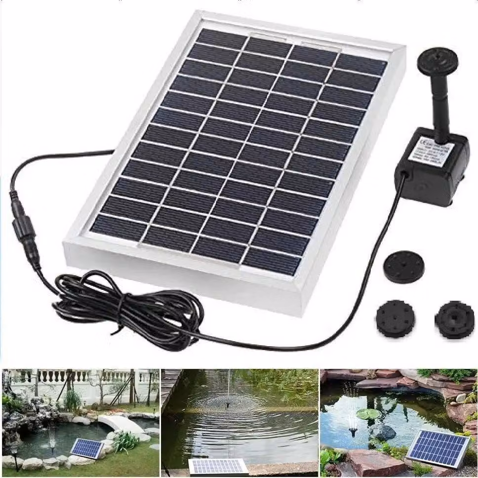 Pompa solare per laghetti - Set di pompe per fontane - Potenza 5 W - Portata 250 L/h - Altezza massima 60 cm - Quattro bocchette - Metallo. Altezza 60 cm - Quattro ugelli - Metallo