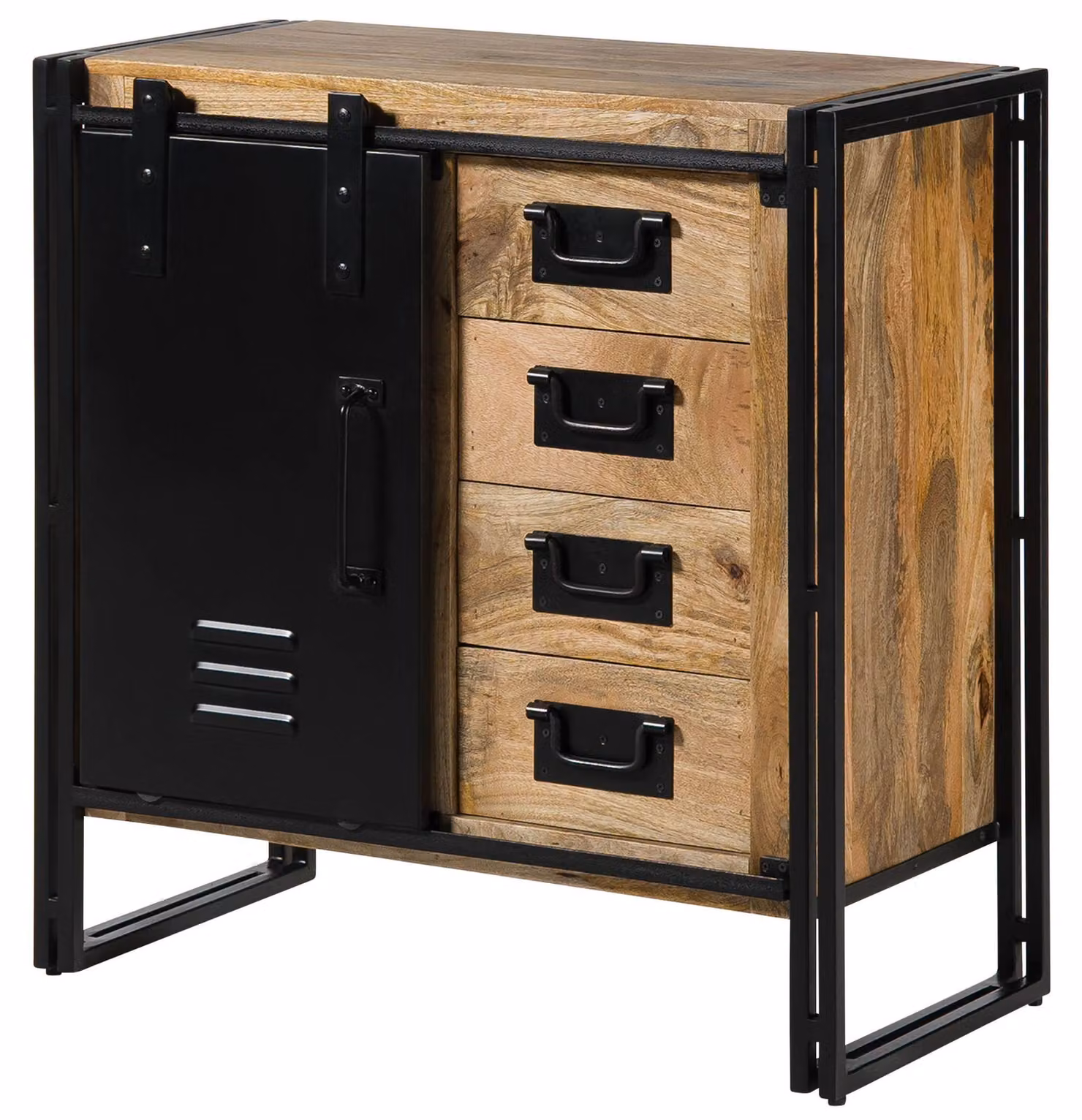 MASSIVMOEBEL24 | Comò in legno di Mango 90x45x90 laccato chiaro naturale / ferro nero BLACKBURN #108