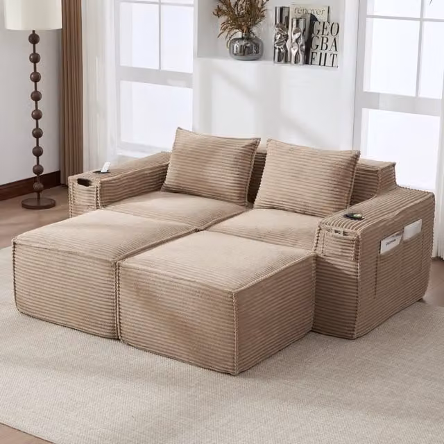Divano modulare 2 posti in tessuto a coste con portabicchieri e tasche laterali comode khaki 188 × 162 × 75 cm