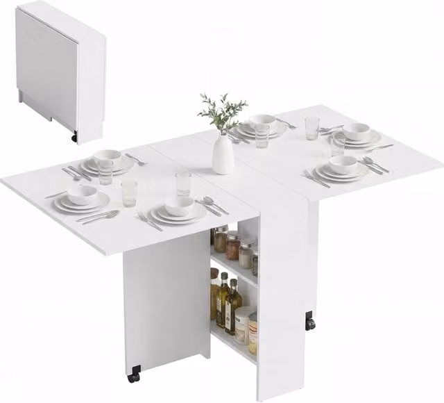 Tavolo da pranzo pieghevole XYLO bianco con ruote e piano a farfalla, L: 140 cm, P: 75 cm, H: 74 cm