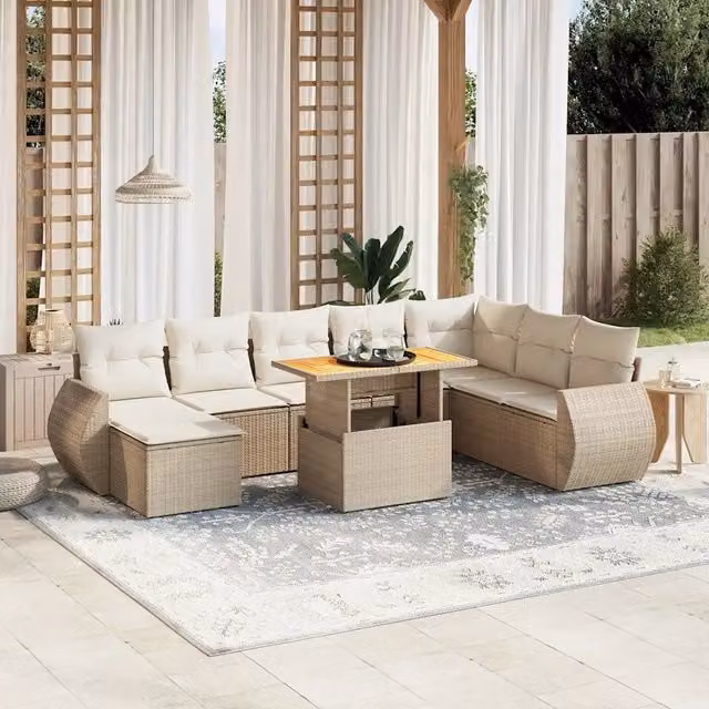 Set Divano da Giardino 9 pz con Cuscini Beige in Polyrattan 3272332