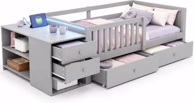 Letto singolo per bambini 90x200 grigio in metallo e MDF con scrivania， senza materasso
