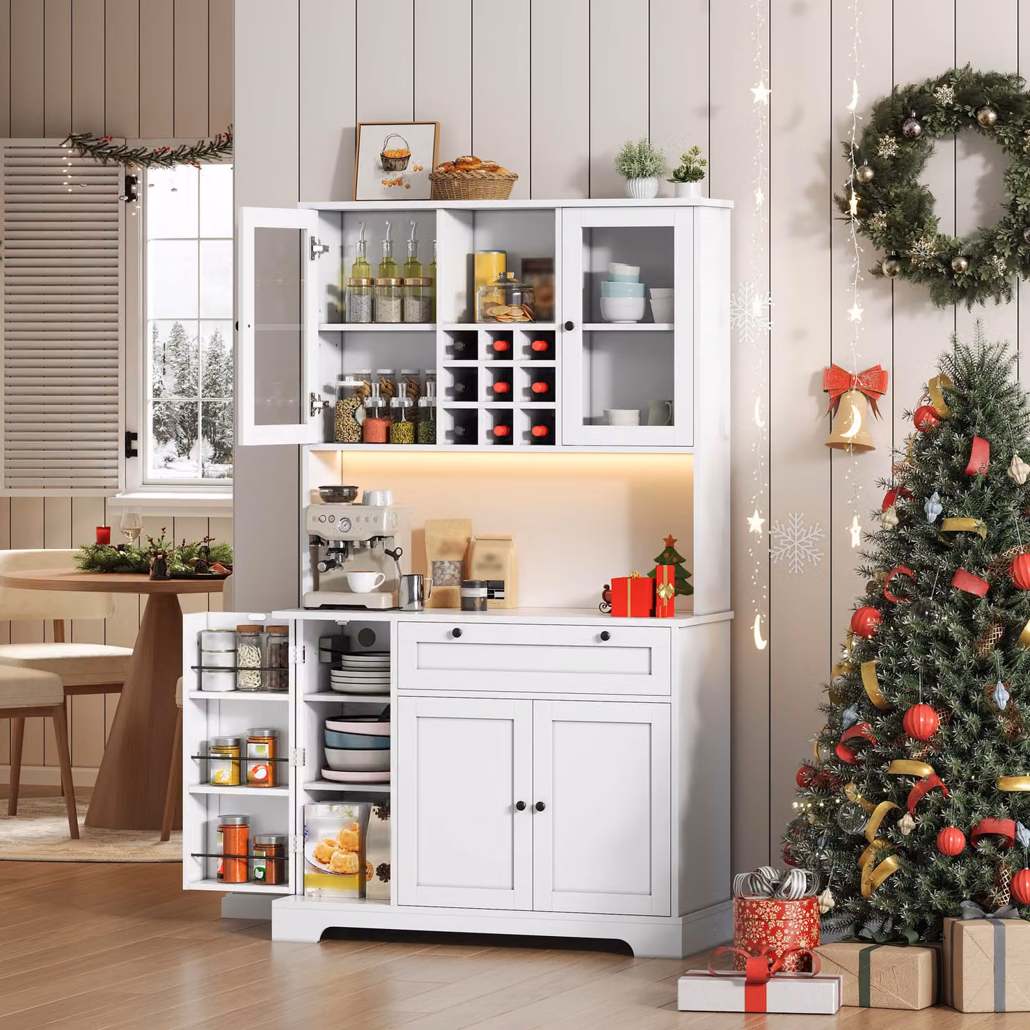 MODFU Mobile da cucina Credenza con illuminazione LED a colori variabili e presa di corrente, armadio alto con ripiani regolabili, cassettiera con scomparti aperti, bianco